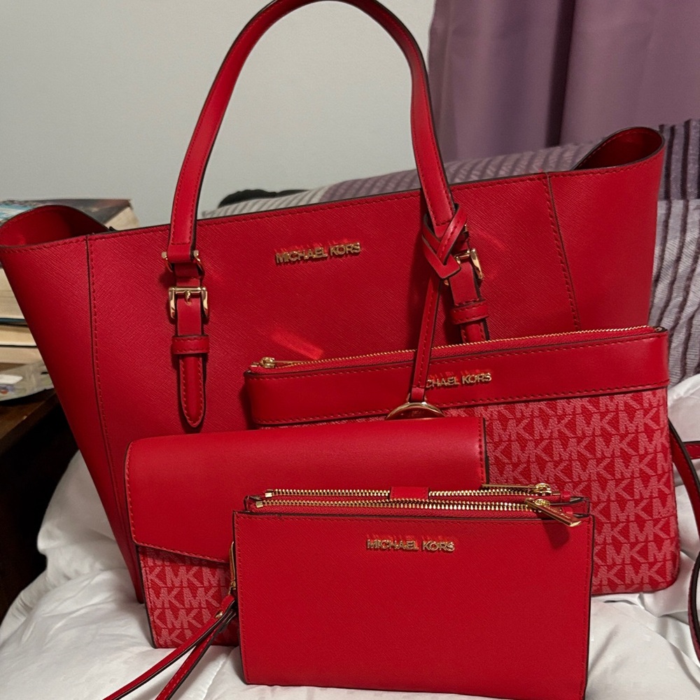 NWOT KORS Michael Kors Vibrant Red Tote 4 piece set